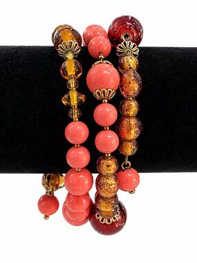 Vintage Retro Amber & Salmon Pink 3-Wrap Memory Wire Bead Bracelet